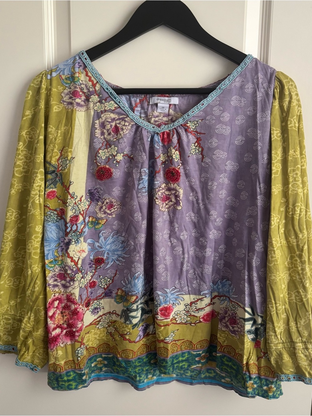 dressbarn Lavender Floral Patchwork Peasant Blouse with Olive Sleeves
